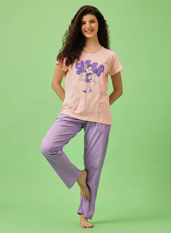 Clovia Lola Bunny Cotton T-Shirt and Pyjama Set